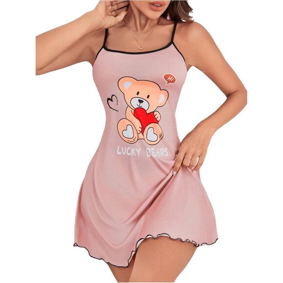 ✨ Women Pink Animal Print Scoop Neck Sleeveless Nightgowns Trim Mini Sleep Dress